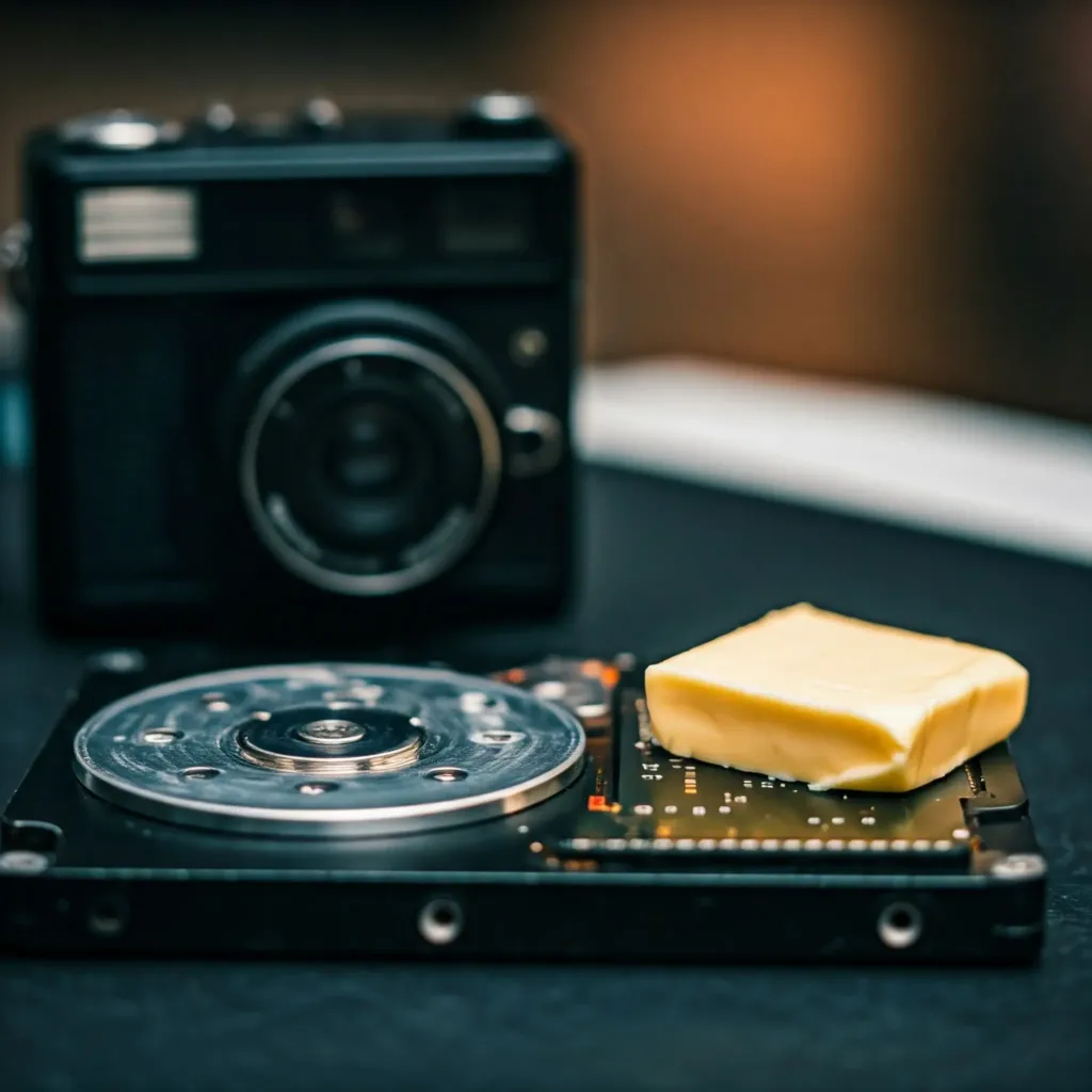 A HDD with a piece of butter on top and an old school digital camera peeking from behind, symbolizing Btrfs Snapshots; generated by Imagen 3